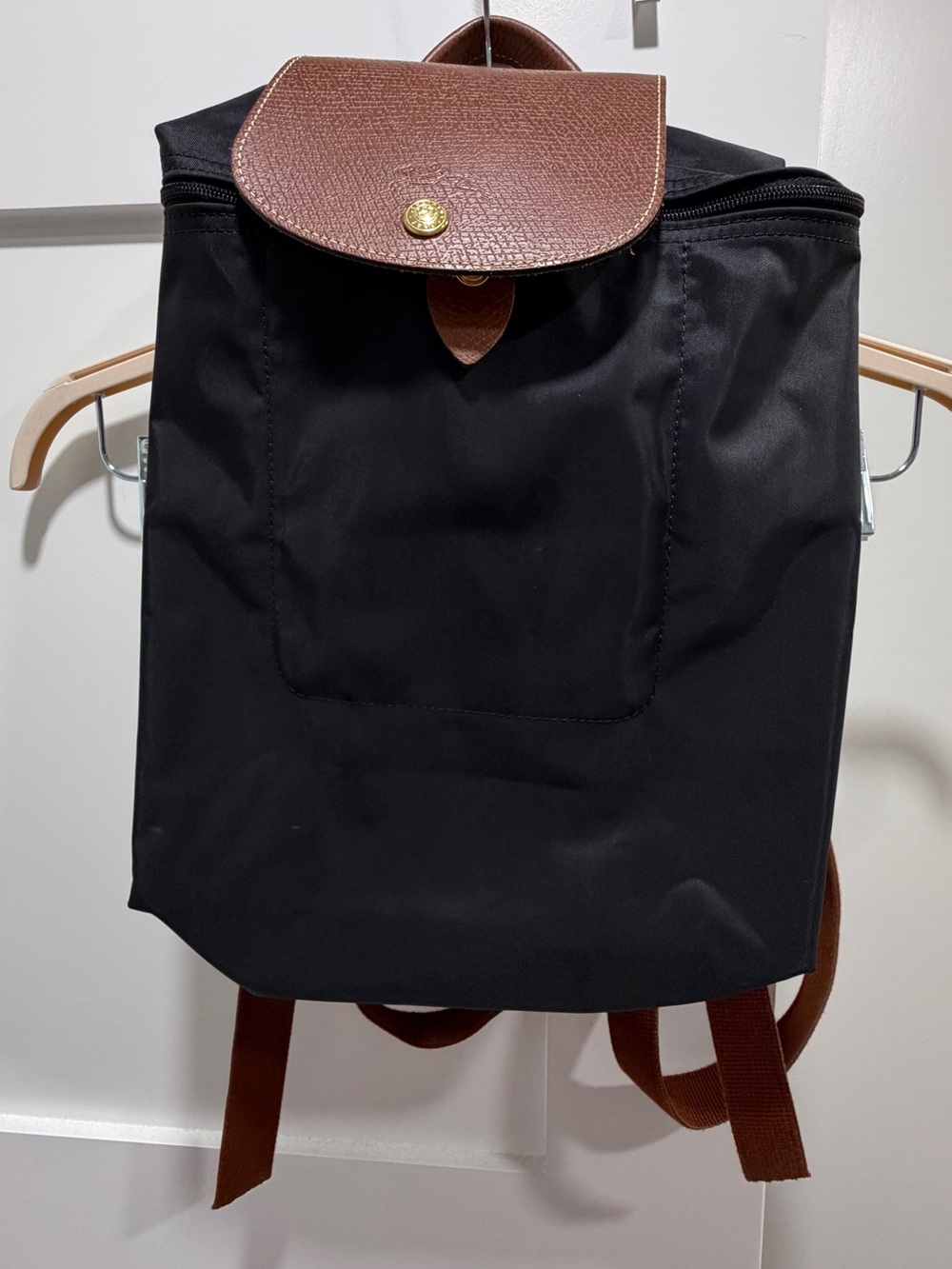 Longchamp Classic Black Backpack with Brown Trim